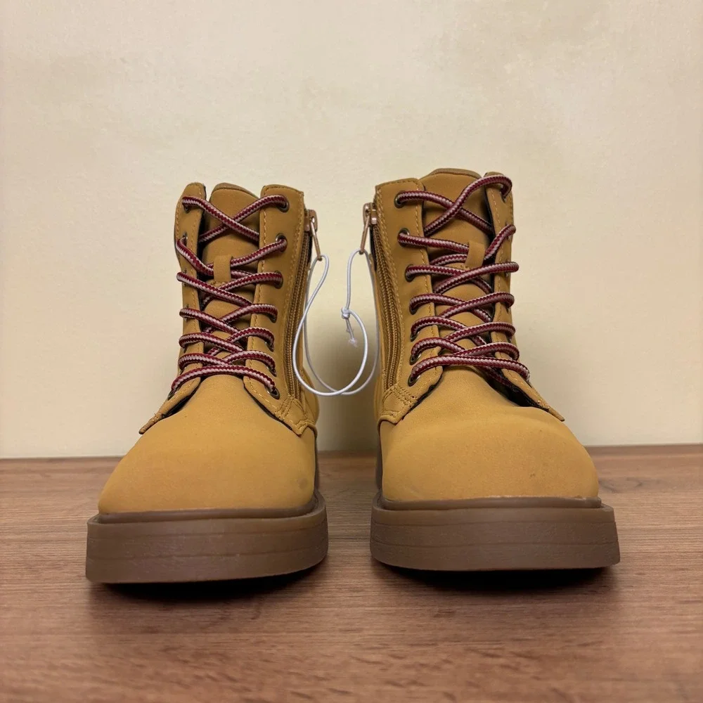 STEVE MADDEN JJumble Combat Boots Tan Kids Size 3 Side Zip Lace Up Low Heel